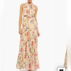 Mac Duggal Floral Print Maxi Dress in Cream and Red